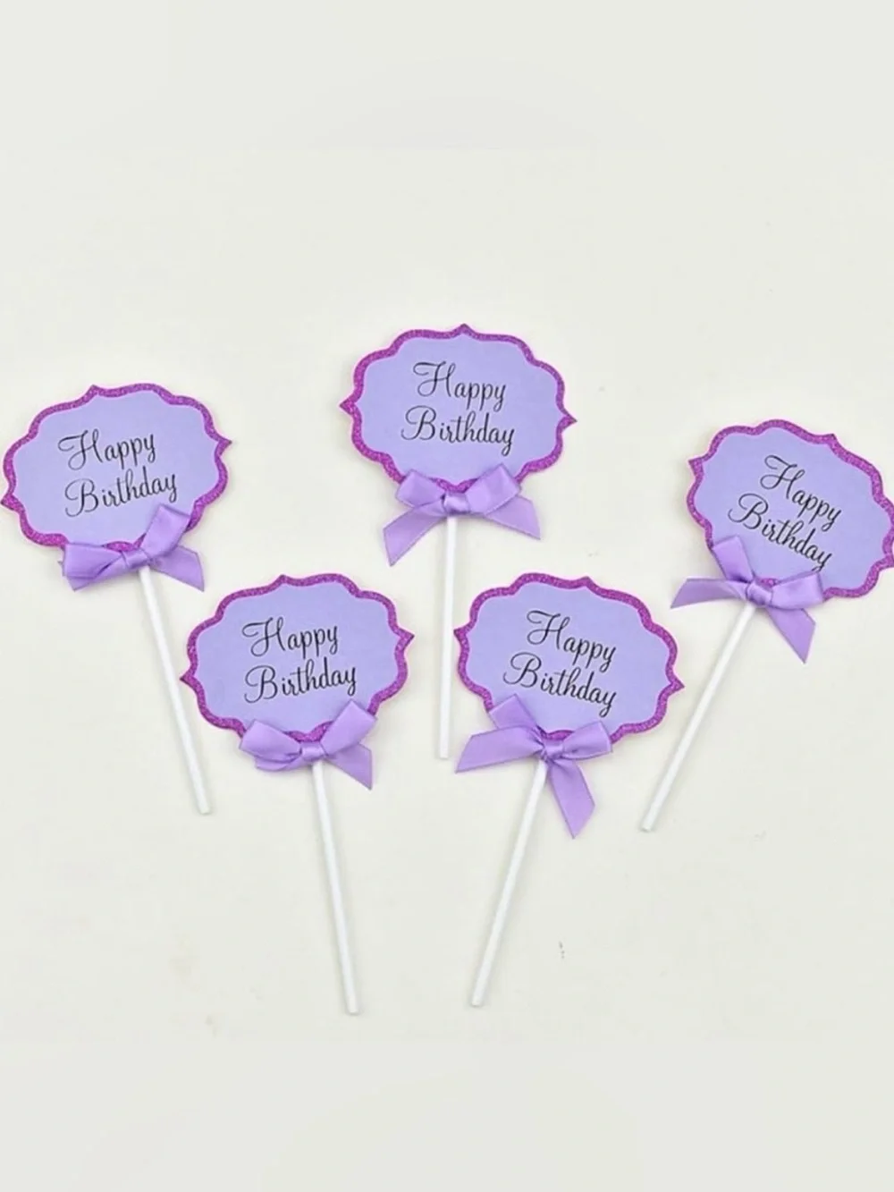 💞 New Pack of 10 Lavender & Purple Glitter Happy Birthday Cupcake & Cake Toppers
